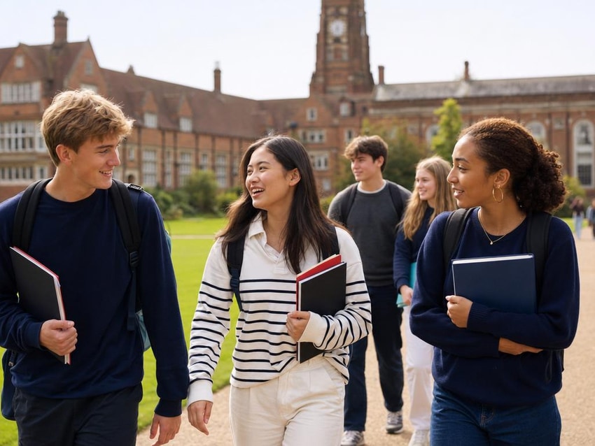 Alunos caminhando pelo campus de um college inglês