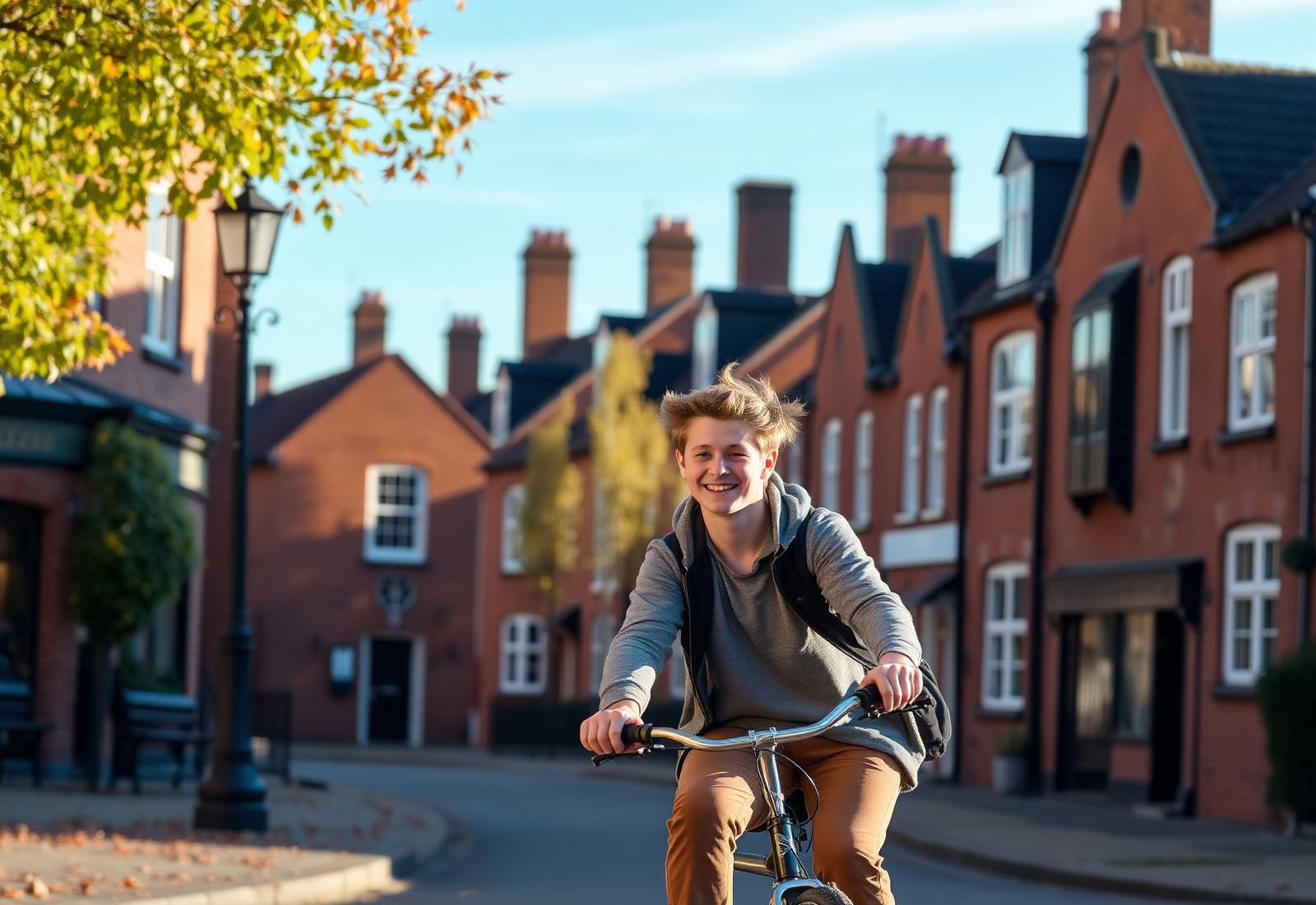 Aluno andando de bicicleta na Inglaterra